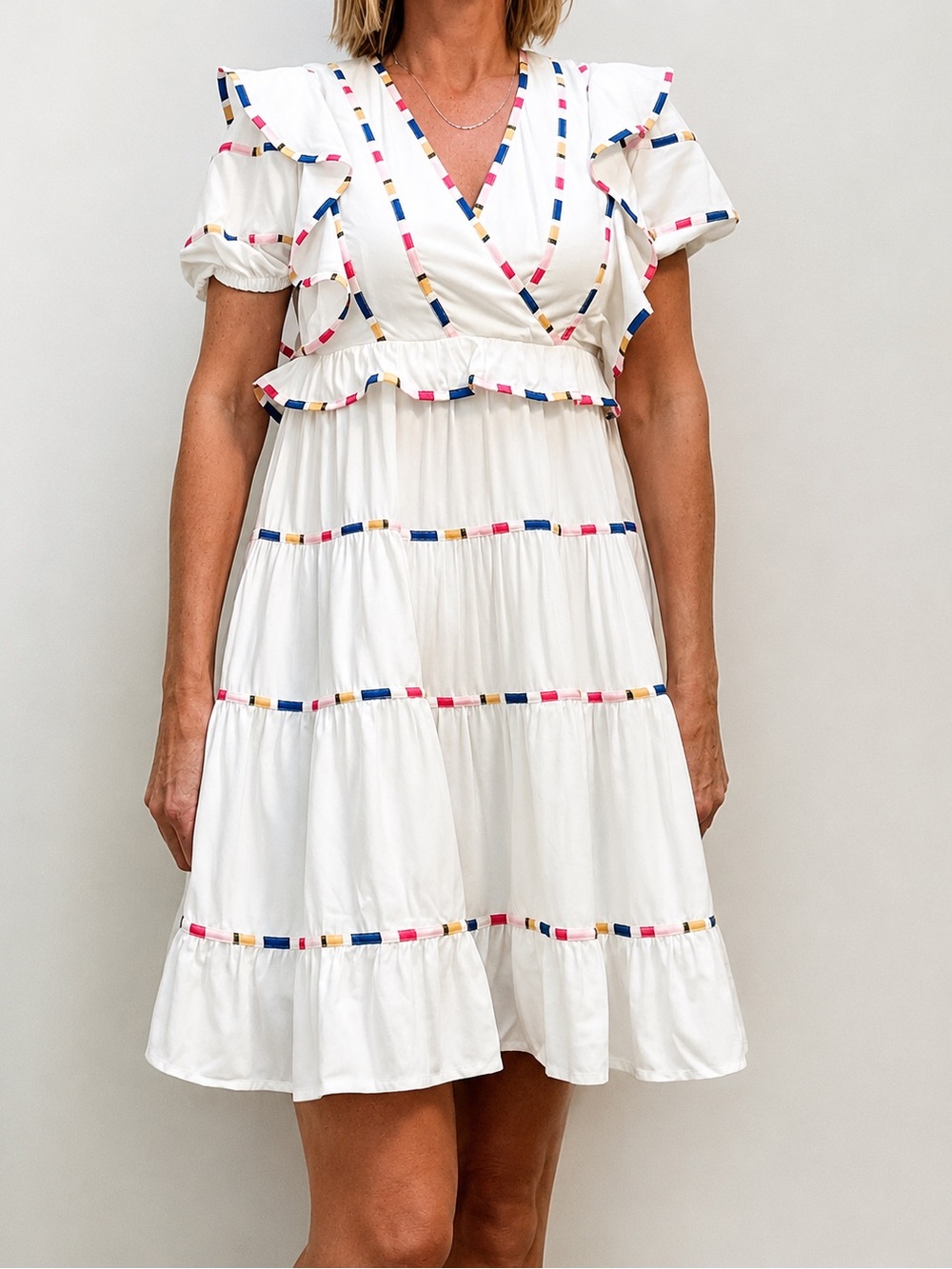 Sweet Lemon white Multicolor Trim Ruffle Dress NWT